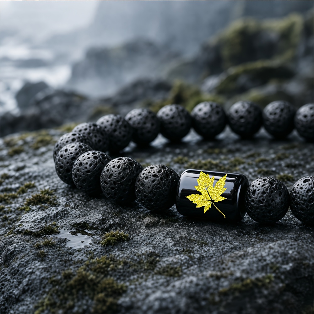 Women's Natural Stone Beaded Bracelet with Golden Leaf Accent
